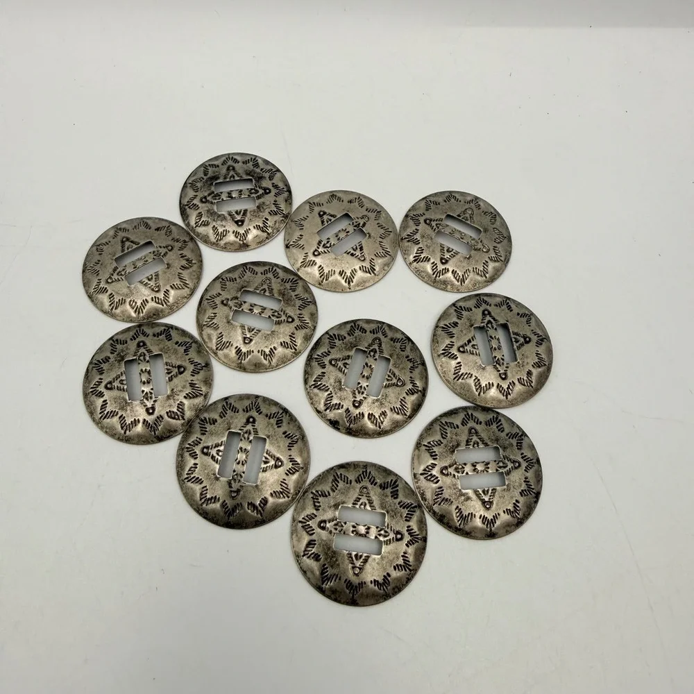 11pc Vintage Western Stamped Silver Tone Slotted Conchos 1 Inch Round Sunburst